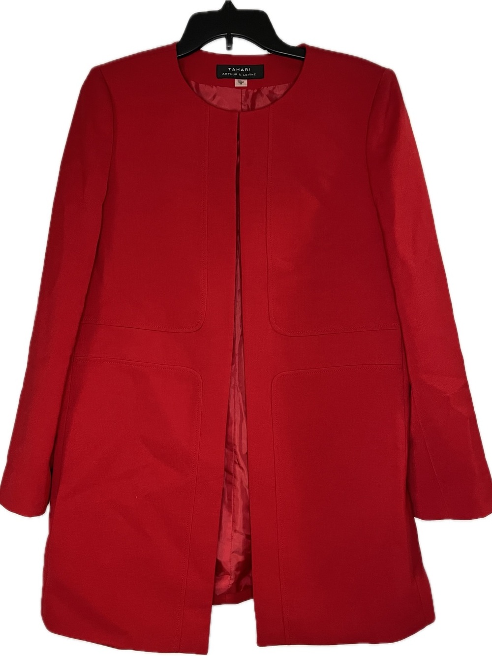Tahari Vibrant Red Collarless Longline Blazer